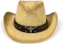 Straw Cowboy Hat Western Style Classic Cowgirl Hat,Natural with Bull Band