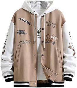 SHENHE Men's Slogan Graphic Button Down Varsity Jacket Baseball Bomber Jackets Apricot XL