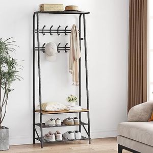 Coat Rack Shoe Bench with 5 Hooks, Entryway Hall Trees with Storage, Multifunctional Hallway Organizer, Wood Look Accent Furniture with Metal Frame, 4-in-1 Hall Trees Shoe Bench (2 Rows-10 Hooks)