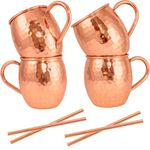 Moscow Mule Mugs Set of 4 + Copper Straws by Artisan's Anvil – Four Solid 16 oz Copper Mugs Gift Set – 100% Pure Hammered Copper Barrel Mugs – Handmade Unlined Copper Cups