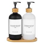 Vtopmart Glass Kitchen Soap Dispenser Set with Bamboo Tray 2 Pack 17.6oz, Dish Soap Dispenser for Kitchen Sink, Hand Soap Dispenser Bathroom, Black and White Modern Farmhouse Kitchen Home Decor