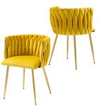 Nrizc Woven Dining Chairs Set of 2, Velvet Upholstered Dining Chairs with Gold Metal Legs, Modern Accent Chairs for Living Room, Dining Room, Kitchen (Yellow)