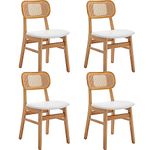 Wahson Rattan Dining Chairs Set of 4 Upholstered Kitchen Chairs in PU Leather, Retro Side Chairs with Wooden Legs for Dining Room, White