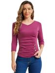 Allegra K Women's V Neck Blouse 3/4 Sleeves Solid Knitted Buttons Decor Ruched Top, Grape Purple, L