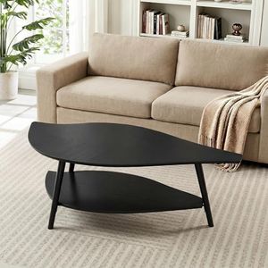 DURISEN Small Coffee Table with Storage,Unique Leaf Handcrafted Marquetry,Mid Century Modern Oval Wooden Coffee Table,Natural Oak Veneer, Solid Wood Legs,for Living Room,Apartment(Black)