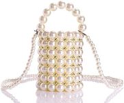 YIFEI Women Beaded Pearl Evening Bucket Handmade Bags with Detachable Chain for Wedding Party, Medium