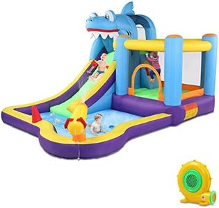 LEADZM Château Gonflable, Parc Aquatique Gonflable Thème Requin avec Trampoline, Toboggan, Piscine, Pistolet à Eau, Adapté pour 3 Enfants de 3 à 10 Ans, avec Souffleur, 380x260x240 cm