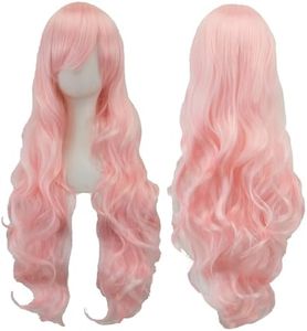 IMISSU 80cm Long Curly Natural Hair Cosplay Wig with Bangs Colorful Halloween Costume Party Wigs for Women (Bright Pink)