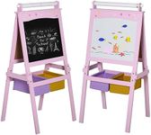 HOMCOM Kids Easel 3 in 1 Wooden Art Easel with Paper Roll Double-Sided Chalkboard & Whiteboard with Storage Baskets for Toddler Girls, Pink