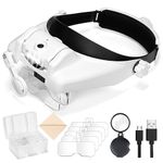 Headband Magnifying Glass with Light, 1X to 14X Head Mount Magnifier, Handsfree Rechargeable Magnifier, Visor Loupe with 5 Lenses for Close Work Arts Jewelry Crafts