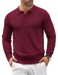 COOFANDY Mens Knit Polo Shirts Casual Long Sleeve Classic Polo Shirts Button Down Golf Shirts, Wine Red, Large