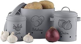 Navaris Storage Tins for Potatoes, Garlic, Onion - Set of 3 Metal Food Bin Container Pots with Lids for Kitchen - Vegetable Containers - Dark Grey