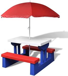 vidaXL Multicolour Outdoor Kids' Picnic Table and Benches with Parasol - Durable Plastic and Steel Construction - Ideal for Garden Parties