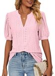 isermeo Women's Short Sleeve V Neck T Shirt Front Twist Tunic Tops Casual Loose Fitted Tops Pink L