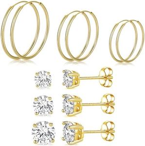MDFUN 925 Sterling Silver Hoops Huggie Stud Earrings Set 18K Yellow Gold Plated 15/20/25mm Thin Hoops 4/5/6mm Cubic Zirconia Earrings for Women Pack of 6 Pairs