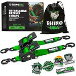 Rhino USA Retractable Ratchet Tie Down Straps (2PK) - 1,360kg Guaranteed Max Break Strength, Includes (2) Ultimate 5 cm x 3 m Autoretract Tie Downs with Padded Handles - Green.