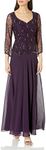 J Kara Women's 3/4 Sleeve Mock 2 Piece Asymetrical Scallop Beaded Long Dress, Plum Multi, 8