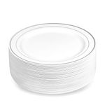 BloominGoods 50 Plastic Disposable Dessert/Appetizer Plates | 7.5 inches White with Silver Rim Real China Look | Ideal for Weddings, Parties, Catering | Heavy Duty & Non Toxic (50-Pack)