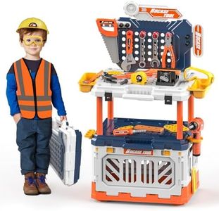 BHYDRY Kids Tool Bench with Electric Drill, Realistic Tools, Vest for Kids
