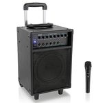 Pyle Wireless Portable PA Speaker System - 400W Bluetooth Compatible Rechargeable Battery Powered Outdoor Sound Stereo Speaker Microphone Set w/ Handle, Wheels - 1/4" to AUX, RCA Cable - PWMA230BT