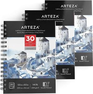 ARTEZA Watercolor Paper, Pack of 3, 30 Sheets Each, 5.5x8.5 Inches Water Pad, Spiral Bound, 140lb/300gsm Cold Press, Acid Free Art Paper