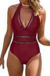 Beachsissi Women One Piece Swimsuit Sexy Deep V Neck Cross Back Bathing Suit, Wine, Medium