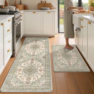 tubeamin Boho Kitchen Mats for Floor 2 Piece Set Anti Fatigue Cushioned PVC Kitchen Rugs Non Slip Waterproof Farmhouse Mats 2/5 Inch Comfort Standing Mat for Sink, Laundry, 24"x39"+24"x59",D1