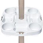 Myard Umbrella Table Tray 15 Inches Pro for Beach, Swimming Pool with 4 Drink Holders, 4 Snck Grooves, 4 Sunglasses Holes, 4 Phone Slots, 4 Airpods Holes, 2 iPad Slots, 4 Small Bag Hangers (White)