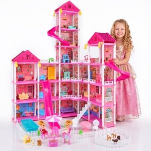 LuxeSpine Dollhouse 6-Story 19 Rooms, 364PCS Pink Villa with 2 Dolls | DIY Building Set with Slides, Pool & Furniture, Princess Pretend Play, Birthday Christmas Gift for Girls 3+