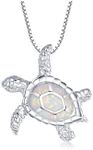 Victoria Jewelry [Health and Longevity 925 Sterling Silver Created Blue Opal Sea Turtle Pendant Necklace 18", Birthstone Jewelry for Women(White), Sterling Silver