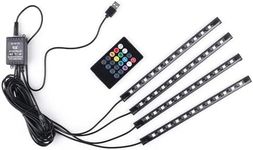 Car LED Strip Lights, 4Pcs 48 LED Interior Lights, Multicolor Music Car Strip Light Under Dash Lighting Kit with Sound Active Function and Remote Controller, DC 12V