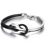 JewelryWe Mens Womens Leather Stainless Steel Bracelet, Infinity Love Sign Cuff Bangle, Black Silver