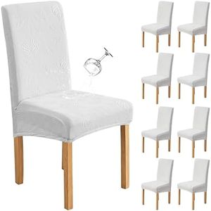 Genina Waterproof Dining Chair Covers Set of 8,Stretch Dining Room Chair Slipcovers with Leaf Jacquard,Removable Kitchen Chair Protector for Home,Restaurant,Banquet-White