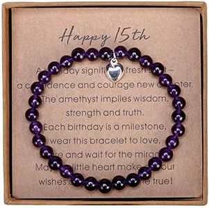 15 Year Old Girl Gifts for Birthday Amethyst Bead Bracelet with Sterling Silver Heart Charm 15th Birthday Gifts for Teen Girls with Card and Gift Box, 7 inch, Stone, no gem style