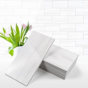 Vamos Tile 100-Piece Glossy Dolomite White Peel and Stick Backsplash Tile,3''x6'' PVC Subway Tile with White Grout, Stick on Backsplash for Kitchen/Bathroom/Fireplace