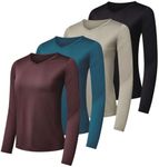 4-Pack: Womens Dry-Fit Long Sleeve V-Neck Shirt Tops T-Shirt Fashion Workout Gym Tees Athletic Active Adult Ladies Tshirt Clothing Fall Casual Outfit V Running Activewear Exercise UPF - Set 10,XL