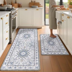 tubeamin Boho Kitchen Mats for Floor 2 Piece Set Anti Fatigue Cushioned PVC Kitchen Rugs Non Slip Waterproof Farmhouse Mats 2/5 Inch Comfort Standing Mat for Sink, Laundry, 24"x39"+24"x59",C2