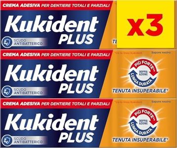 Kukident Plus Lot de 3 tubes de crème adhésive inégalée pour prothèses totales et partielles, goût neutre, lot de 3 x 35 g