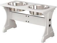 Piskyet Elevated Dog Bowls,Farmhouse Dog Bowls Stand, Raised Dog Bowl with 2 Stainless Steel Wooden Dog Bowls,8 Cups 13.8''H_80 oz Bowl-White