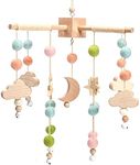 Promise Babe Mobile Baby Wooden Wind Chime with Felt Balls Moon Stars Baby Room Wood Crocheted Mobile Baby Newborn Boy Girl Bed Bell Pendant for Hanging Baby Bed Changing Table Decoration Star Moon