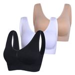 PRETTYWELL Sleep Bra for Women, Comfort Seamless Wireless Stretchy Sports Bra, 3 Pack Yoga Bra, with Removable Pads WA38, Black, White, Nude L