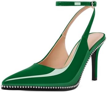 Soireelady Women Slingback High Heel Beaded Pumps Pointed Toe Stilettos Slip On Strappy Heels Ankle Strap Dress Pumps Shoes Patent 3.5 Inches, Green, 8