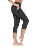 BALEAF Women's Yoga Workout Capris Leggings Athletic Pants Side Pocket for 5.5" Mobile Phone Black Grey XXL