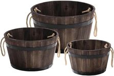 IDZO Set of 3 Wooden Flower Boxes Outdoor, Durable Acacia Wood Barrel Planters for Outdoor Plants with Ergonomic Handles, Drainage Holes, Multiple Sizes Wood Bucket Planter for Home Décor