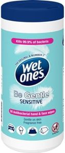 Wet Ones Be Gentle Sensitive Antibacterial Hand & Body Wipes Canister, 50 Wipes, Fragrance Free, Contains Aloe, Mild & Gentle Formula