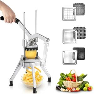 DOMINFLY French Fry Cutter, Stainless Steel Food Cutter Potato Slicer with 3 Replacement Blades, Commercial Vegetable Fruit Chopper for Restaurants & Home Kitchen (1/2"+3/8"+1/4" Blades)