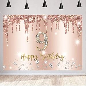 Happy 9th Birthday Decorations Backdrop Banner for Girls Happy 9 Years Old Fabric Sign Poster Girl Birthday Rosegold Photography Background 9th Birthday Party Supplies, 59"x35.4"