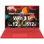 Ruzava 16" Laptop 12+512GB Celeron CPU N5095 (Up to 2.9Ghz) 4-Core Win 11 PC with Cooling Fan 1920 * 1200 2K Screen Dual WiFi BT4.2 Support 2.5" HDD 1TB SSD Expand for Business Study-Red