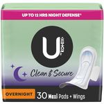 U by Kotex Clean & Secure Overnight Maxi Pads with Wings, 30 Count (Packaging May Vary)