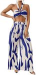 OYOANGLE Women's 2 Piece Outfits Graphic Print Knitted Crop Halter Top and Wide Leg Pants Set Royal Blue Small